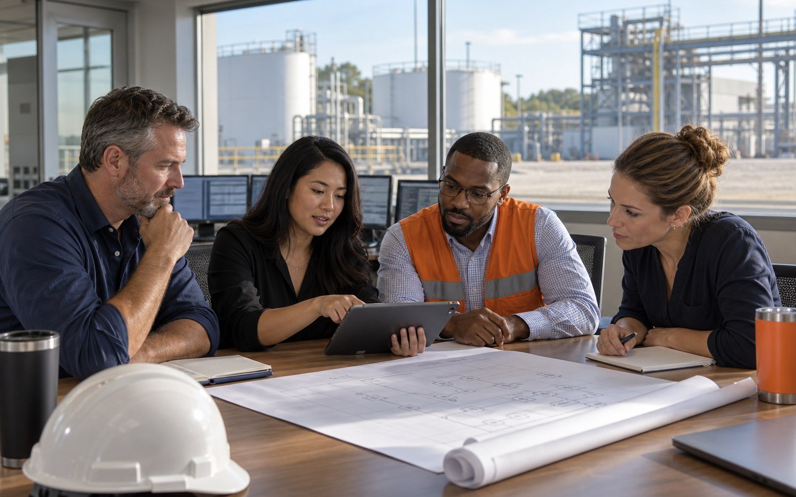 Environmental and operations professionals collaborating beside an industrial facility.