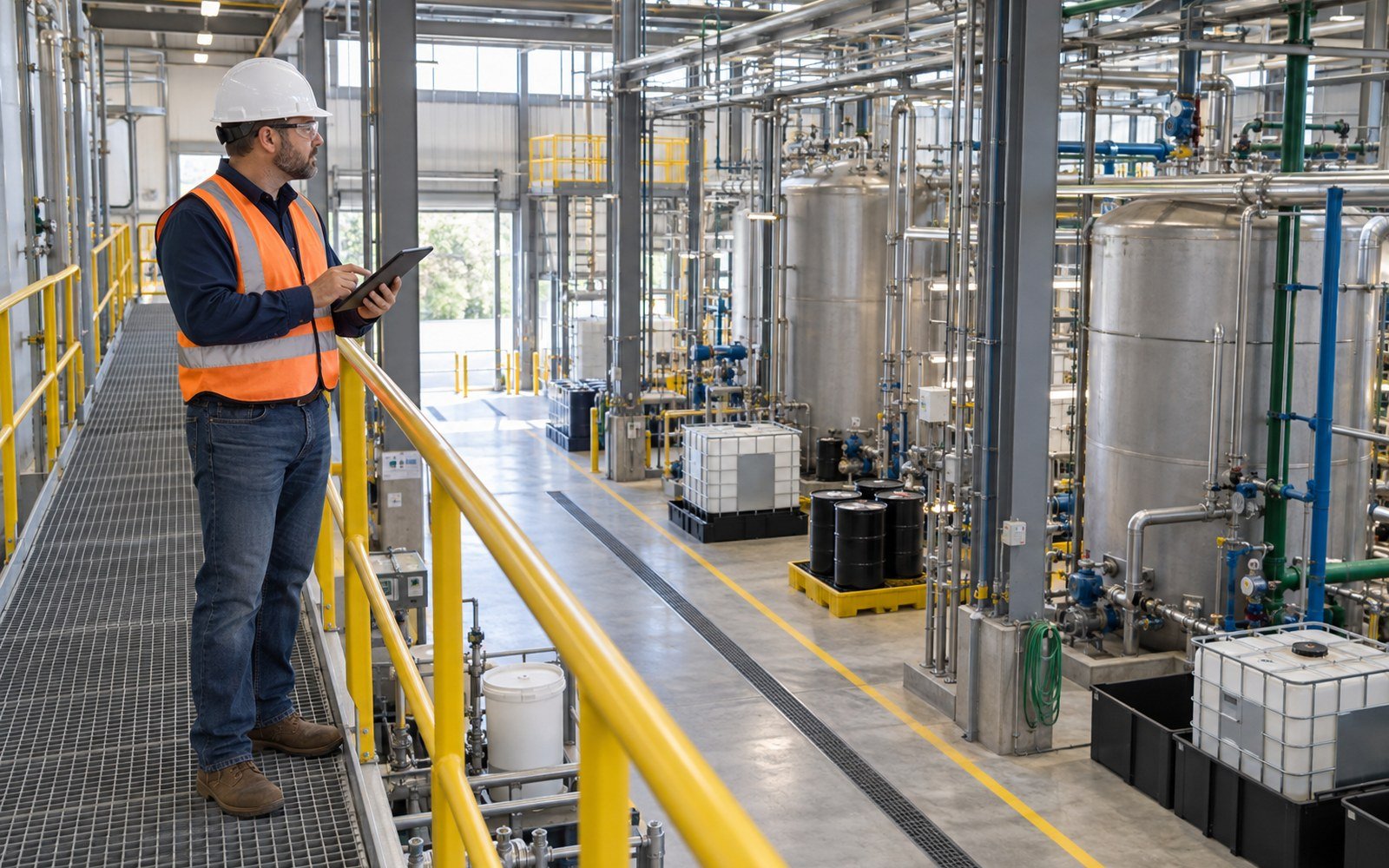 EHS manager reviewing an organized industrial process area from a safe walkway.