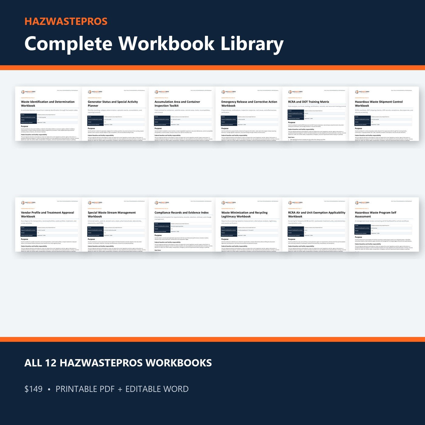 HazWastePros complete workbook library showing the twelve facility compliance tools.