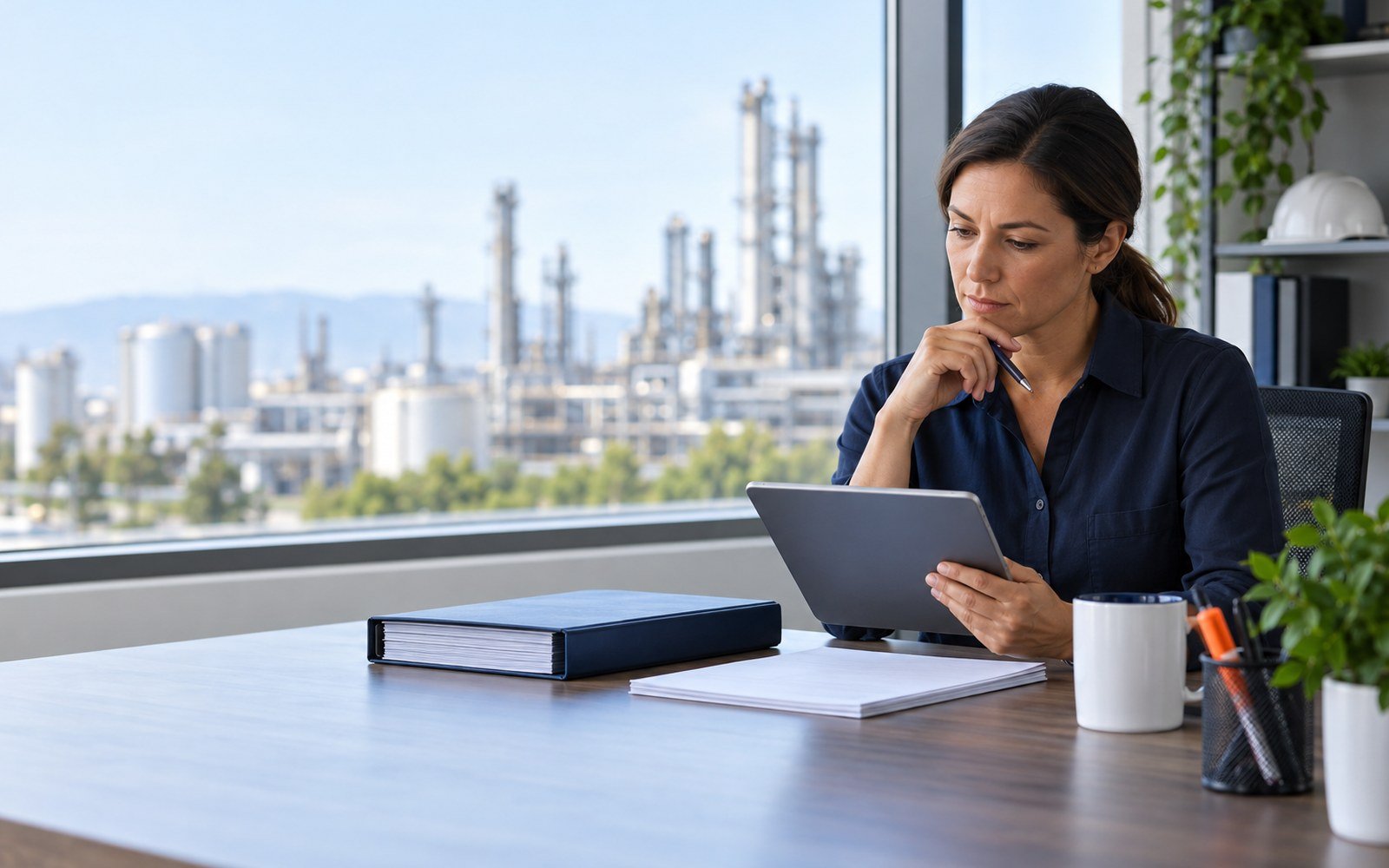 Environmental compliance professional researching a technical question with organized reference materials.
