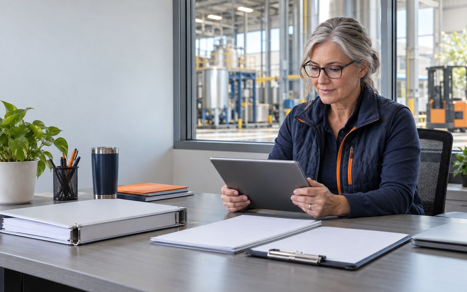 Environmental compliance professional reviewing facility resources at an industrial office workstation.
