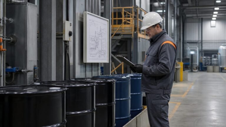Environmental professional reviewing process records beside labeled industrial drums