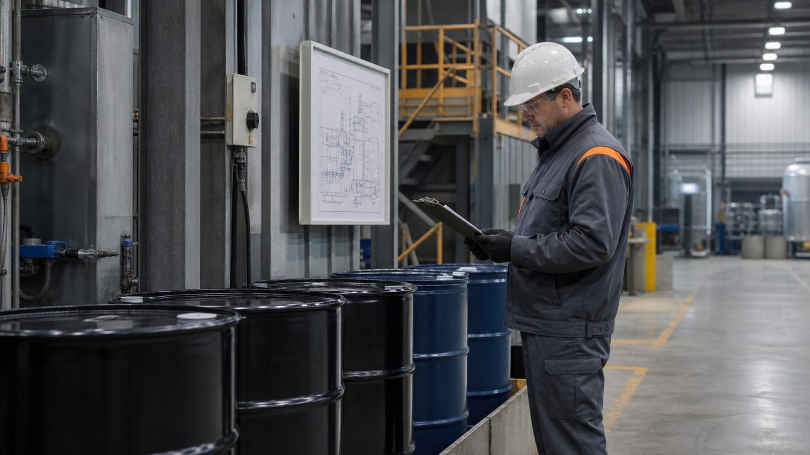 Environmental professional reviewing process records beside labeled industrial drums