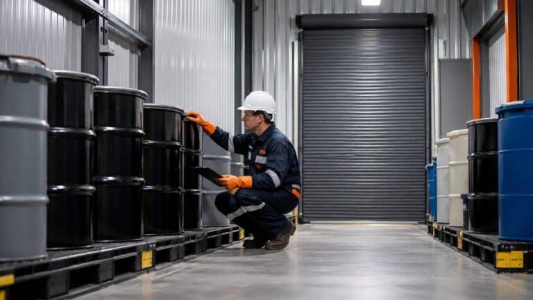 Industrial hazardous waste drums in a clean contained storage area