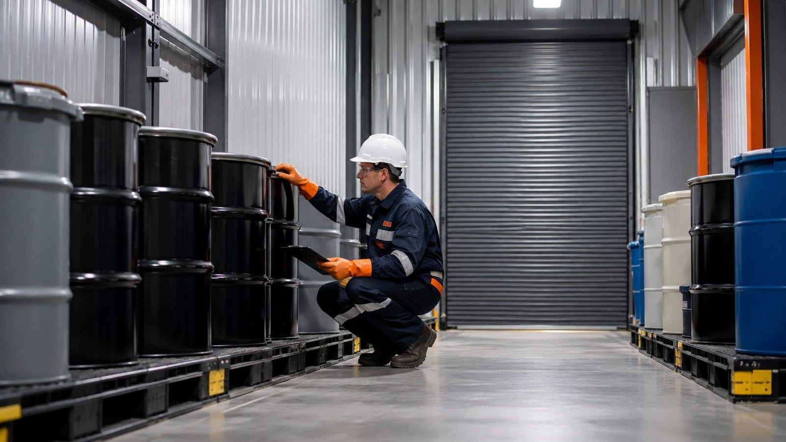 Industrial hazardous waste drums in a clean contained storage area