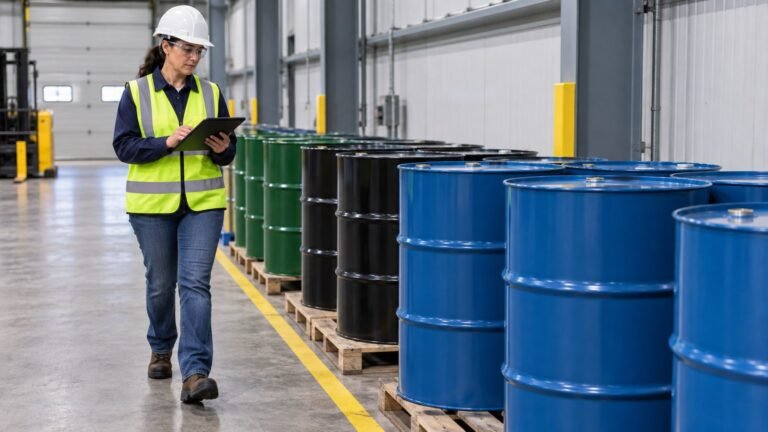 Facility waste manager inspecting closed drums while label faces remain outside the camera view