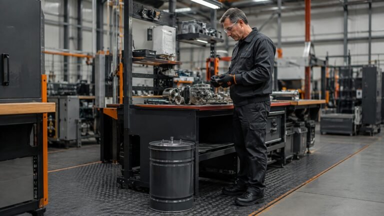 Small hazardous waste collection container positioned safely beside an industrial work station