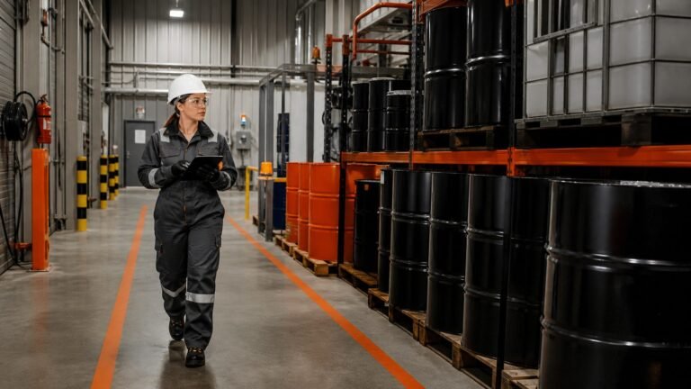 Environmental specialist inspecting labeled drums with a digital checklist