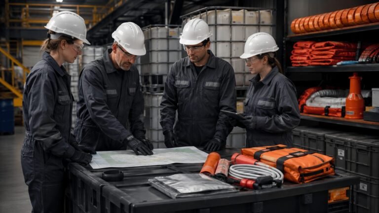 Facility emergency team reviewing a spill response map beside industrial storage