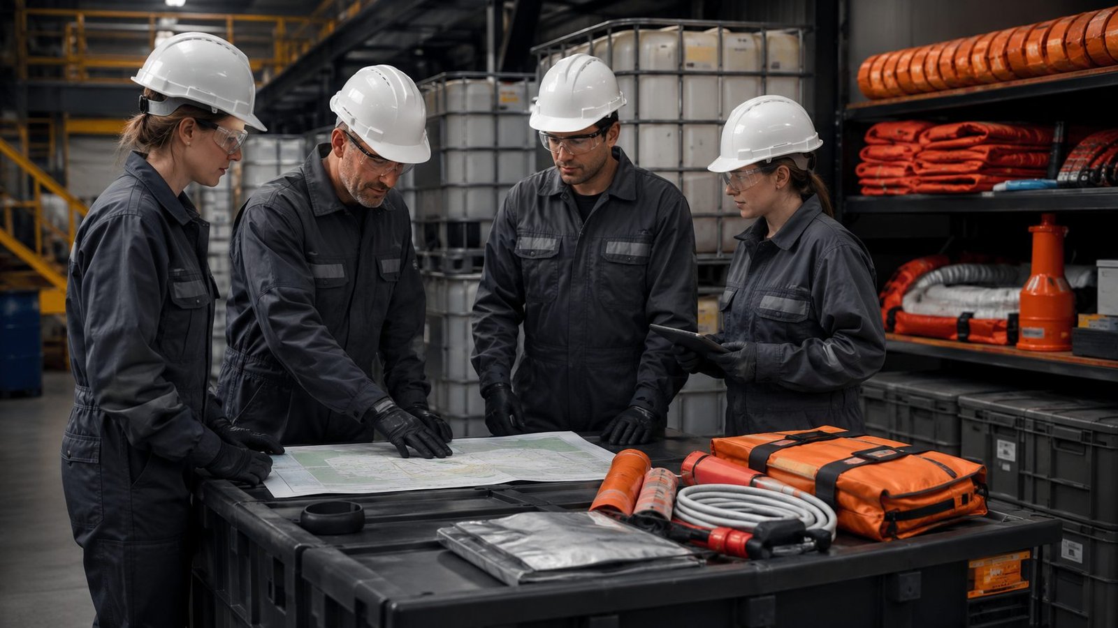 Facility emergency team reviewing a spill response map beside industrial storage