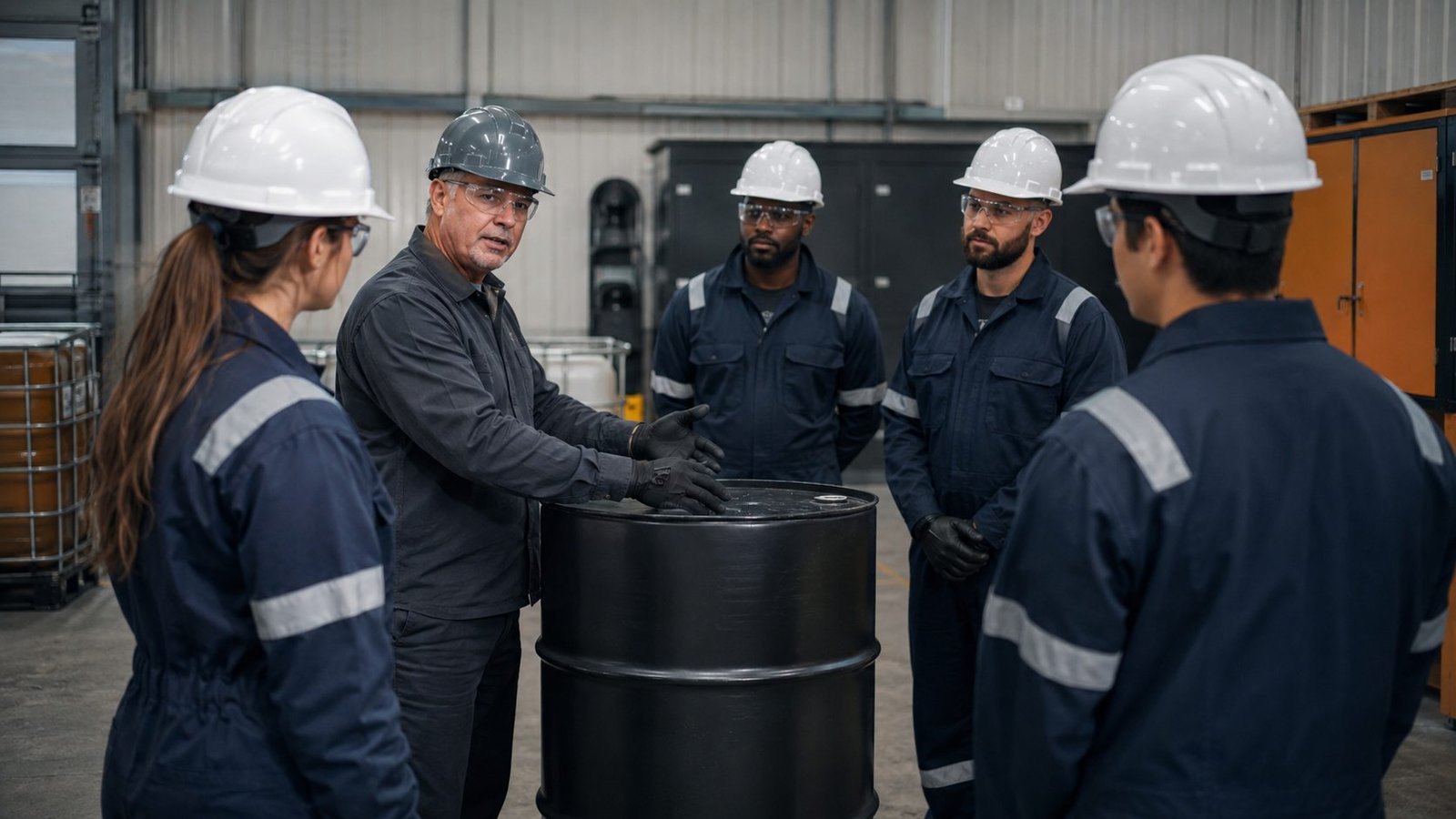 Instructor leading hazardous waste container training for industrial employees