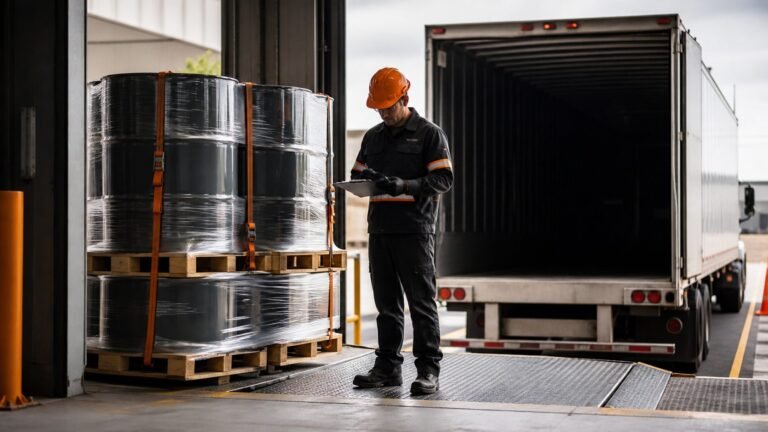 Hazardous waste shipment being checked at a loading dock before release