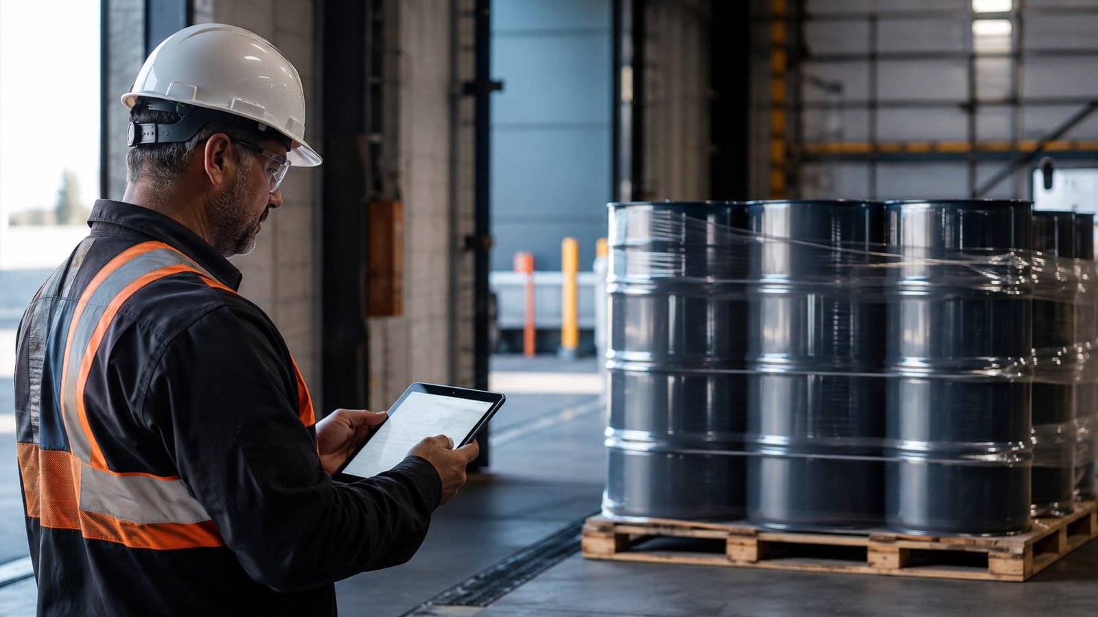 Shipping specialist comparing hazardous waste drums with an electronic manifest record