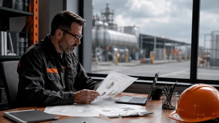 Environmental professional reviewing treatment standards and hazardous waste shipment documents