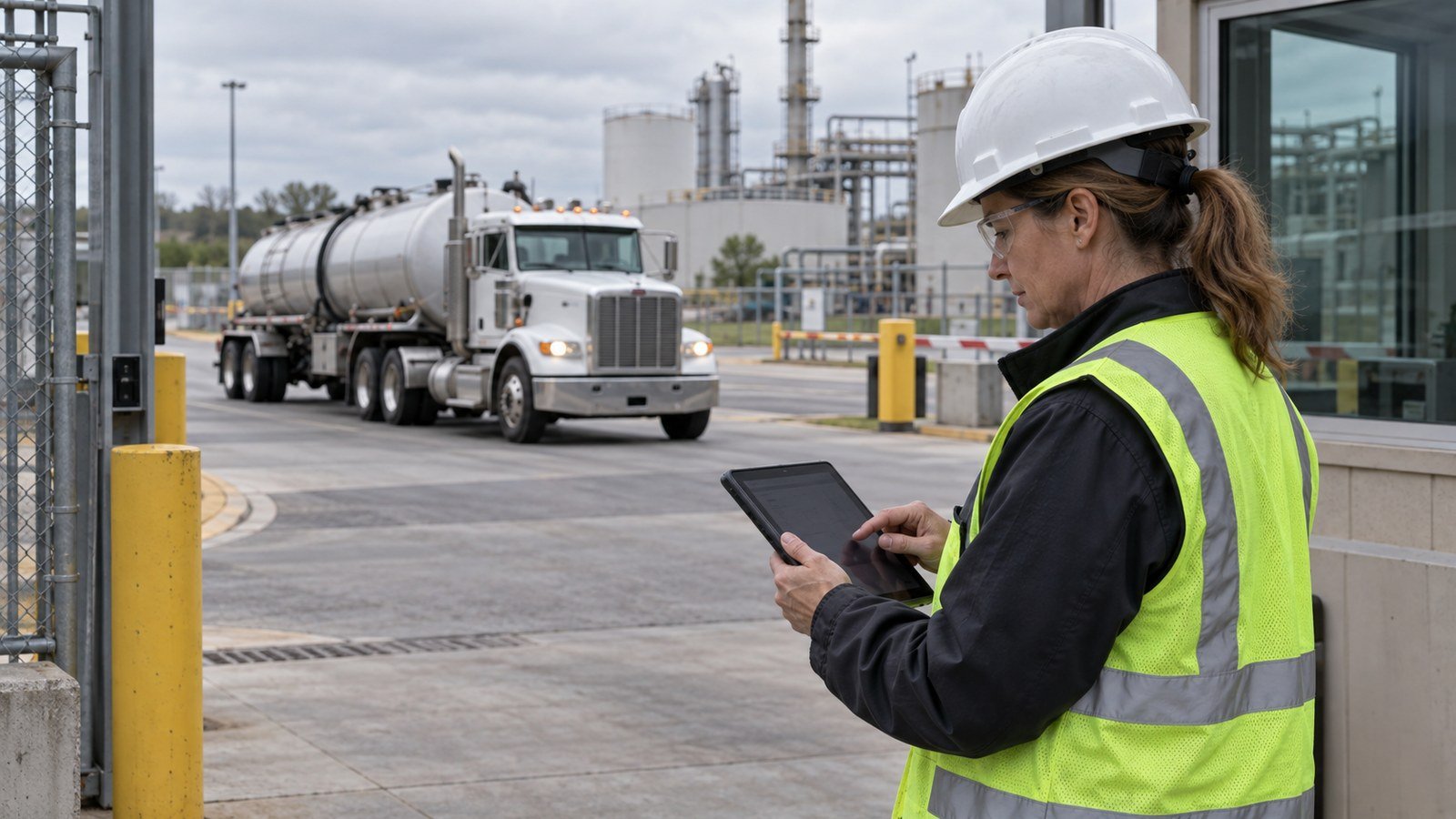 Environmental manager reviewing transporter qualifications as a United States conventional-cab vacuum tanker enters an industrial facility