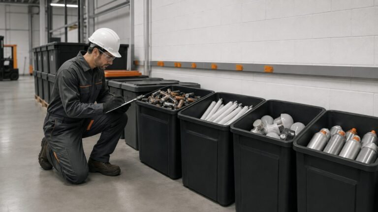 Clearly separated universal waste batteries and lamps in a facility collection area
