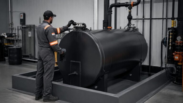 Maintenance employee inspecting a clearly marked used oil tank and spill containment