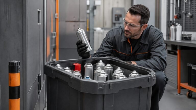 Intact aerosol cans collected in a closed labeled universal waste container