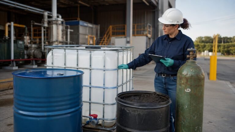 Environmental specialist reviewing drums and process materials at a United States manufacturing facility