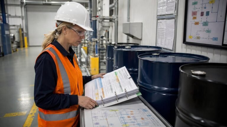 Facility environmental manager organizing regulatory applicability records beside industrial containers