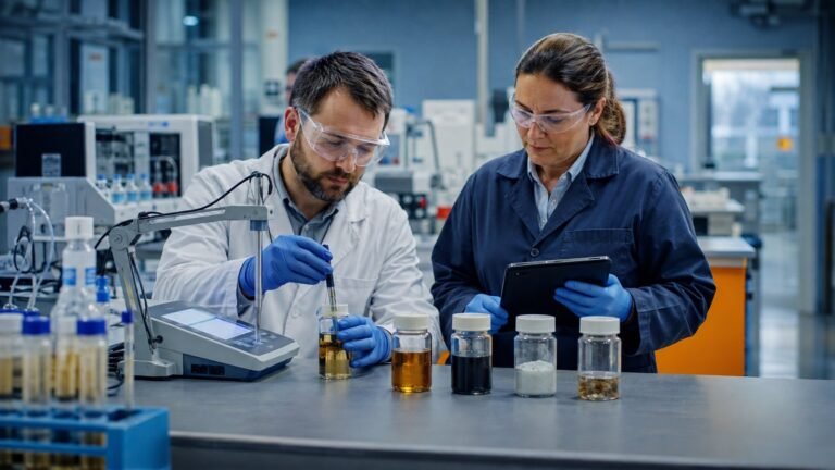 Laboratory professional and environmental manager evaluating hazardous waste samples in a United States facility