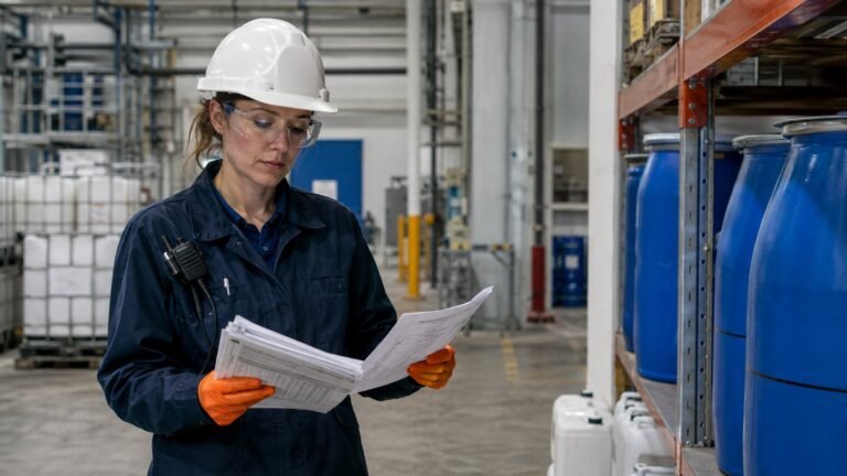 Environmental specialist comparing chemical inventory and process records in an American industrial plant