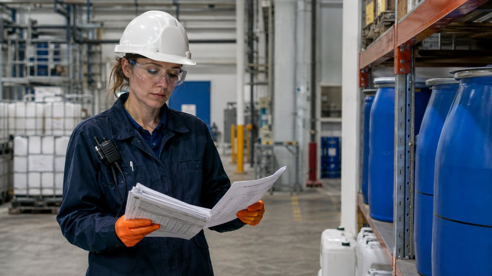 Environmental specialist comparing chemical inventory and process records in an American industrial plant