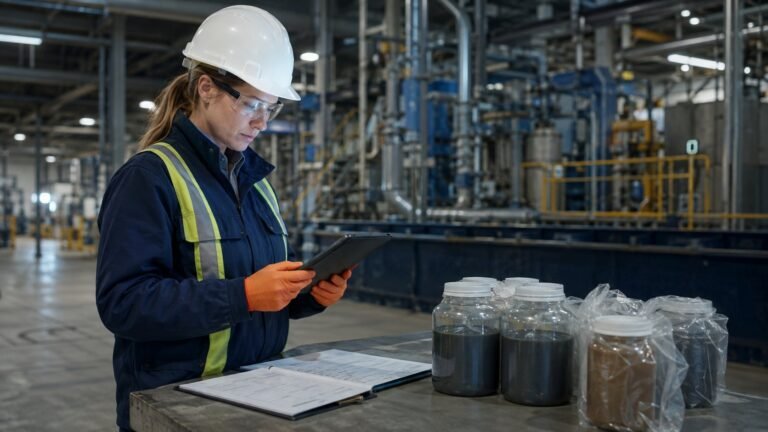 Environmental manager reviewing laboratory results and production records for a waste determination