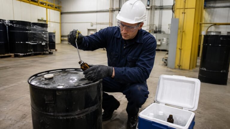 Trained technician collecting a representative industrial waste sample with proper protective equipment