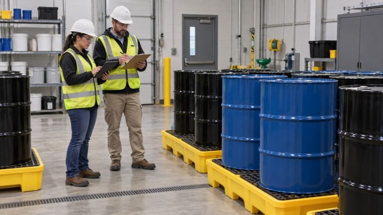 Environmental professionals inventorying closed drums staged in secondary containment for consolidation planning