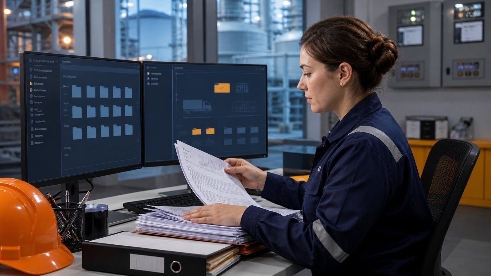 Environmental compliance coordinator organizing hazardous waste records in a digital document system