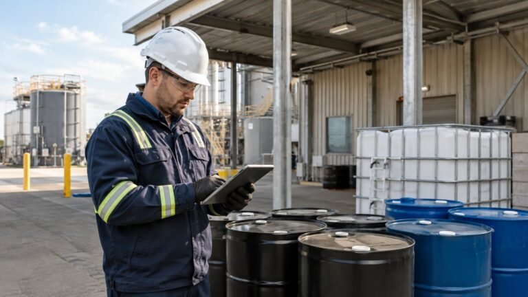 Environmental professional reviewing a hazardous waste profile with drums in a United States facility