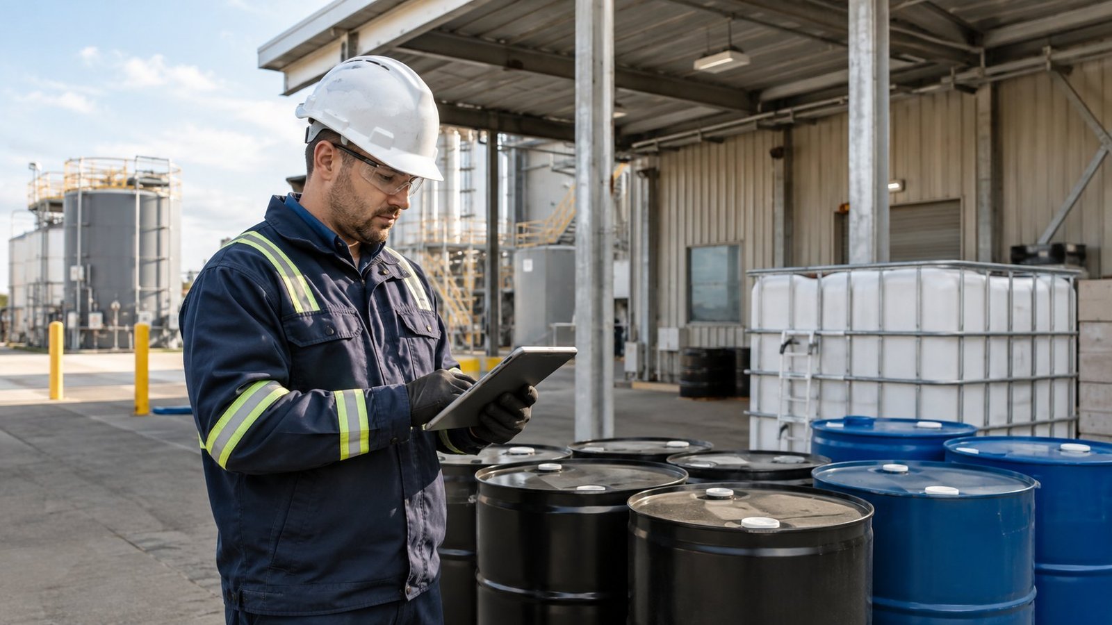 Environmental professional reviewing a hazardous waste profile with drums in a United States facility