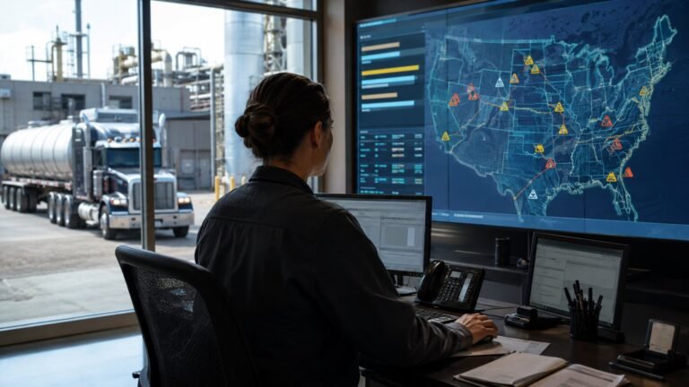 United States logistics coordinator tracking hazardous waste shipments on a digital map
