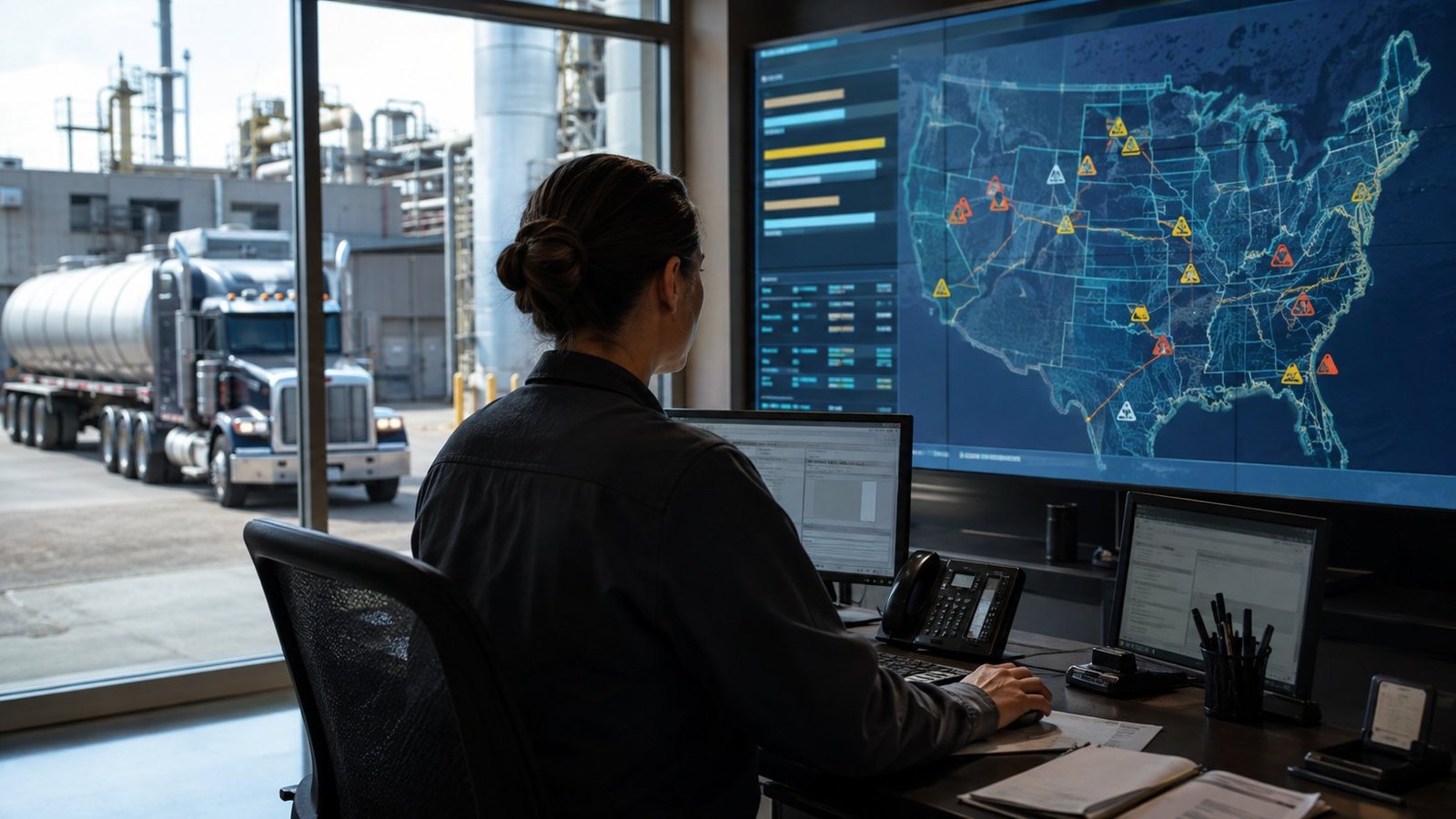 United States logistics coordinator tracking hazardous waste shipments on a digital map