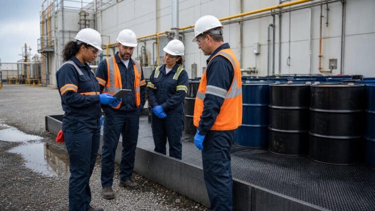Environmental team reviewing corrective actions during a hazardous waste area inspection