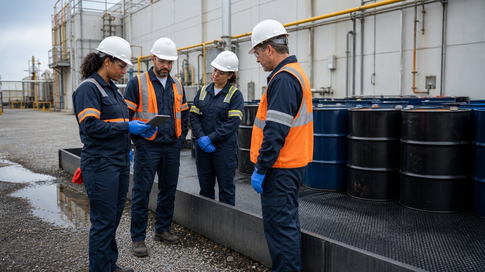 Environmental team reviewing corrective actions during a hazardous waste area inspection