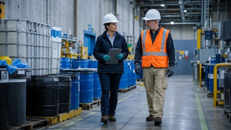 United States environmental inspector and facility manager walking through a hazardous waste storage area