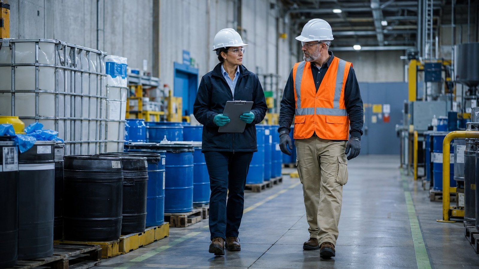 United States environmental inspector and facility manager walking through a hazardous waste storage area
