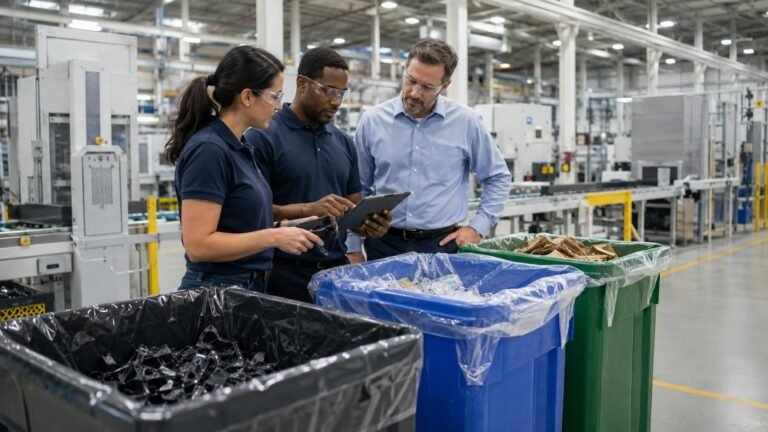 American manufacturing team evaluating waste reduction and materials recycling opportunities