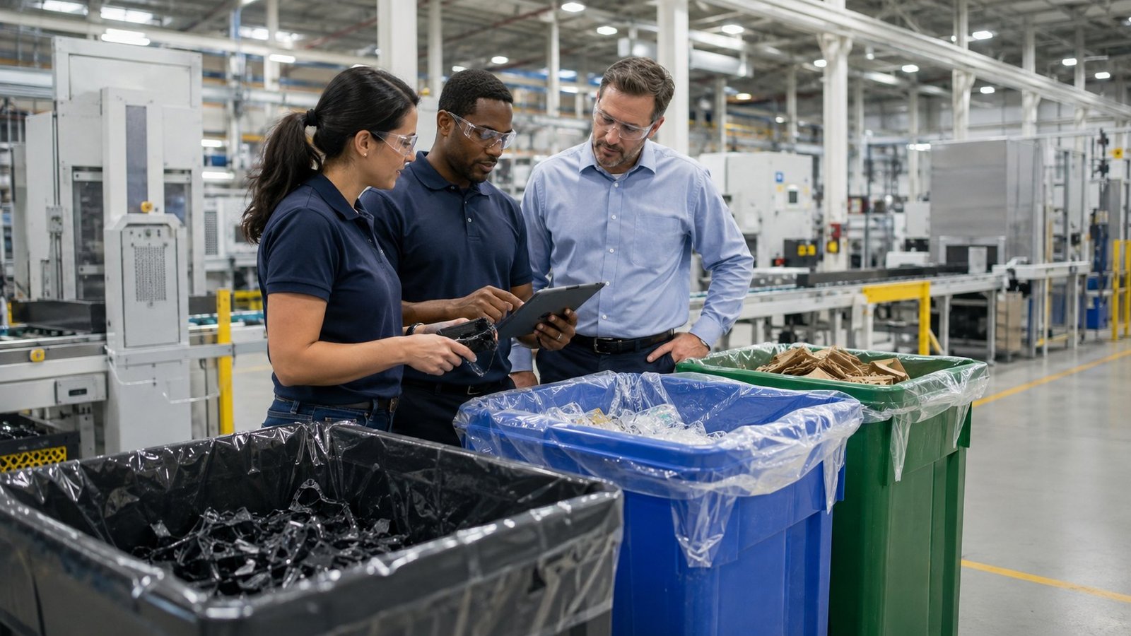American manufacturing team evaluating waste reduction and materials recycling opportunities