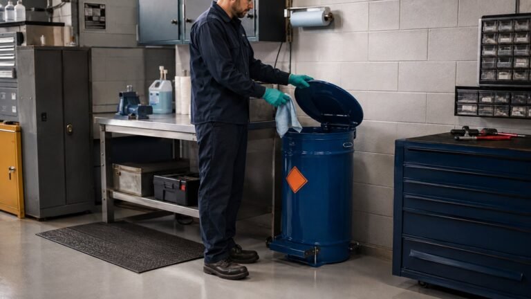 Closed labeled container for solvent-contaminated wipes in a clean United States maintenance area