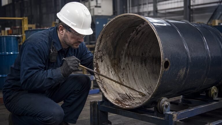Facility environmental specialist verifying residue in an empty industrial drum