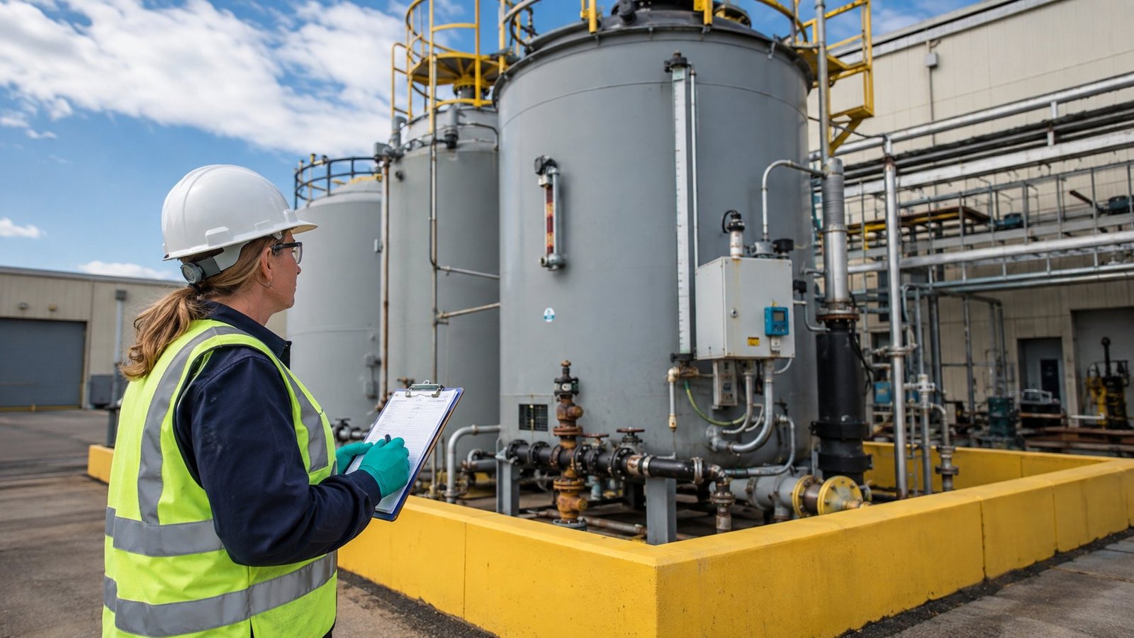 Environmental engineer inspecting a hazardous waste accumulation tank system