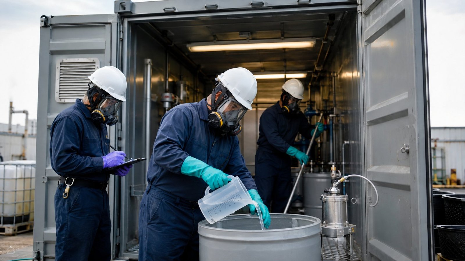 United States facility team controlling onsite hazardous waste treatment in a closed container