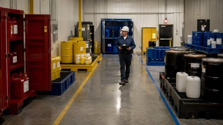 American industrial storage area with safely segregated incompatible hazardous waste containers