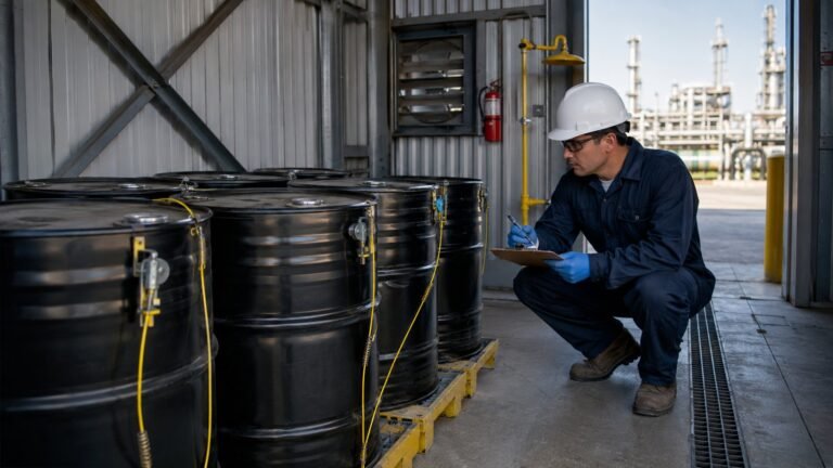 Safety professional inspecting ignitable hazardous waste storage controls at a United States plant