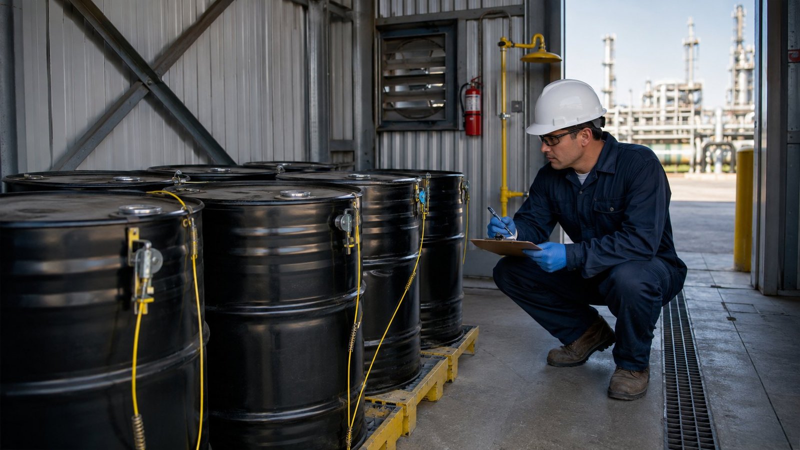 Safety professional inspecting ignitable hazardous waste storage controls at a United States plant