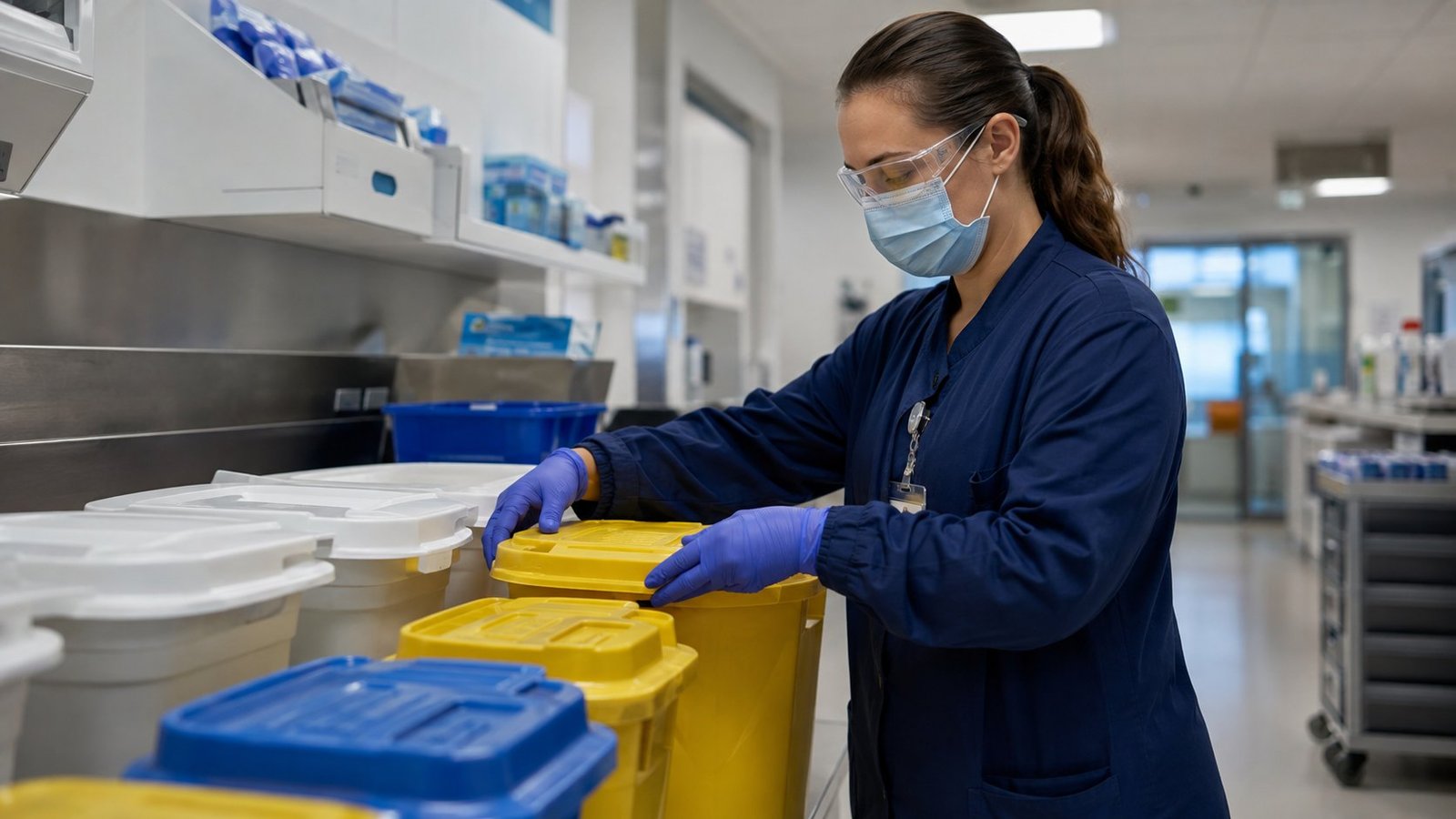 Healthcare environmental professional managing pharmaceutical waste containers in a United States hospital