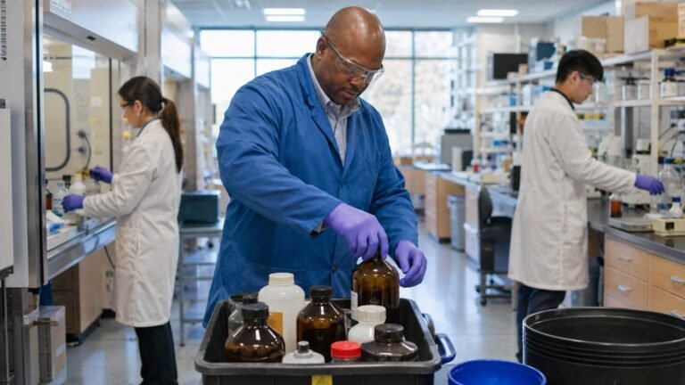 University laboratory manager collecting unwanted chemical material under controlled conditions